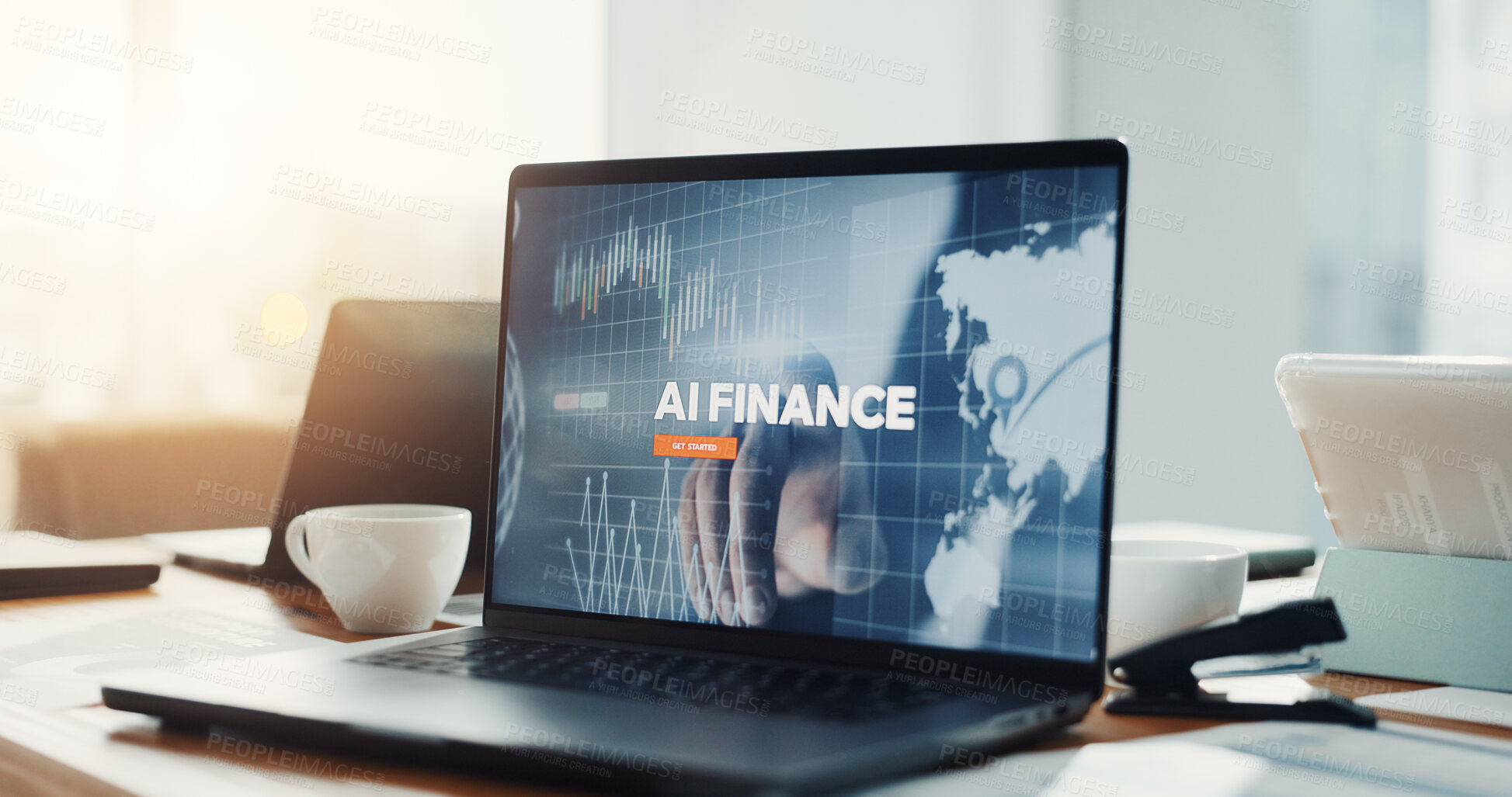 Buy stock photo Empty office, laptop and screen for ai, finance and research with futuristic solution for fintech. Display, computer and workplace with artificial intelligence for global banking system at agency