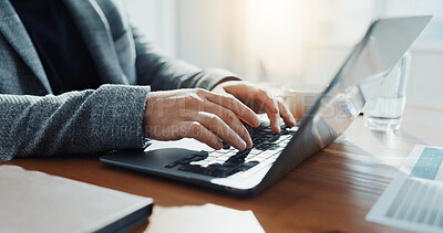 Buy stock photo Typing, hands and businessman on laptop in office for financial report, online proposal or research. Professional, corporate and person on computer for planning, website or budget review for finance 