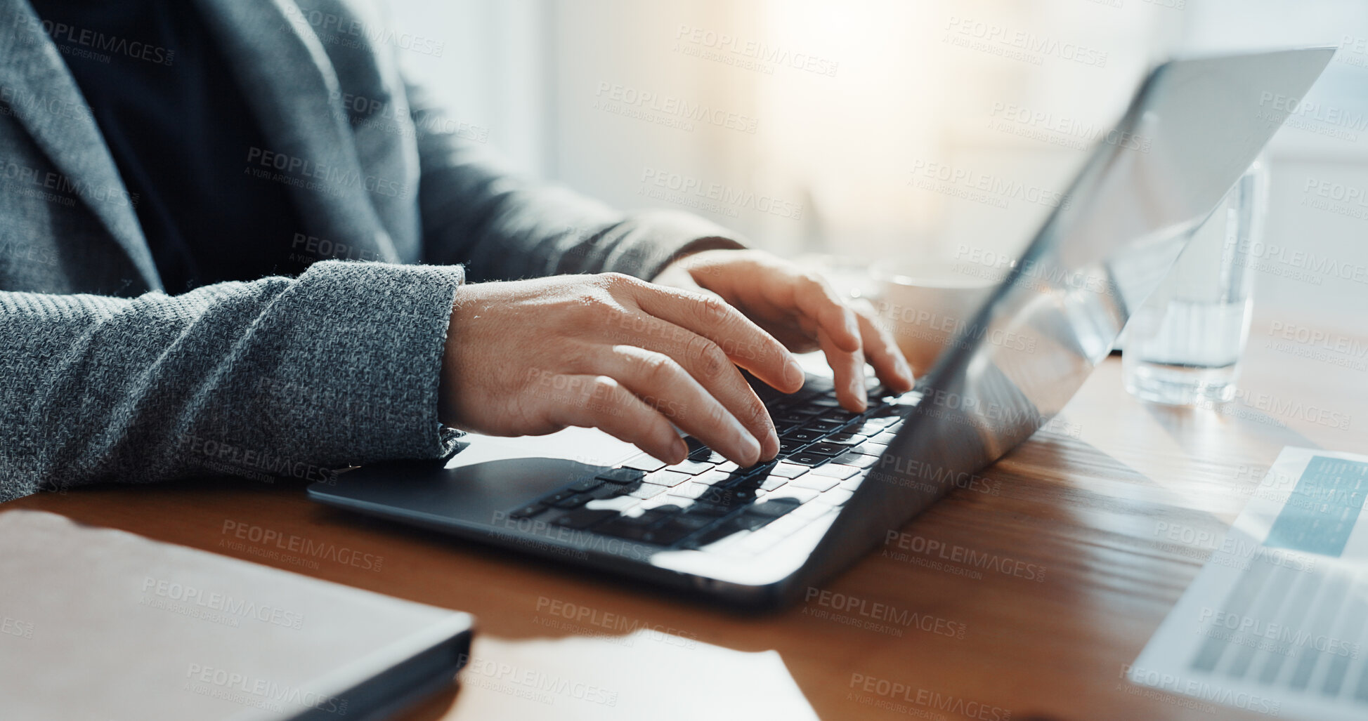 Buy stock photo Typing, hands and businessman on laptop in office for financial report, online proposal or research. Professional, corporate and person on computer for planning, website or budget review for finance 