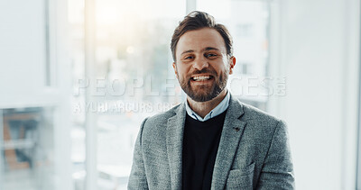 Buy stock photo Workplace, portrait and confident businessman with smile for corporate agency and finance firm. Happy, financial advisor or consultant agent in office for accounting company and skills development