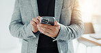 Hands, person and typing with phone in office for communication, email and client feedback. Business, employee and mobile for texting response, online search and contact chat for corporate networking