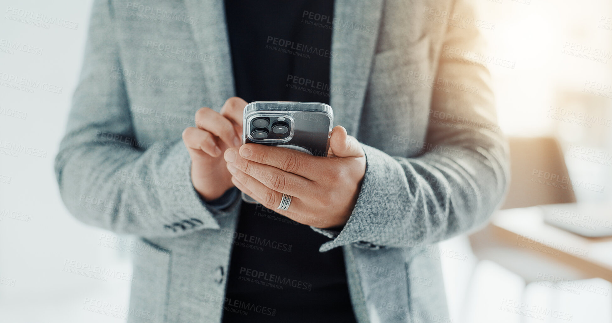 Buy stock photo Hands, person and typing with phone in office for communication, email and client feedback. Business, employee and mobile for texting response, online search and contact chat for corporate networking