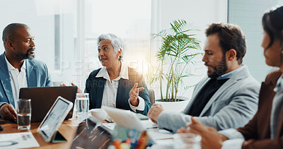 Buy stock photo Boss, meeting and teamwork with business people in office for budget report, stakeholder update and research. Ceo review, market analyst and partnership with employees in agency for discussion