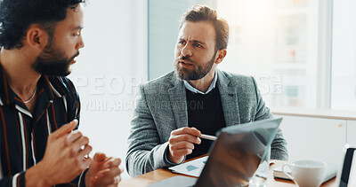 Buy stock photo Boss, teamwork and laptop with business people in office for trading, broker training and research. Stock market report, investment solution and coaching with employees in agency for economy analyst