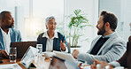 Teamwork, meeting and speaker with business people in office for budget report, stakeholder update and research. Ceo review, market analyst and partnership with employees in agency for discussion