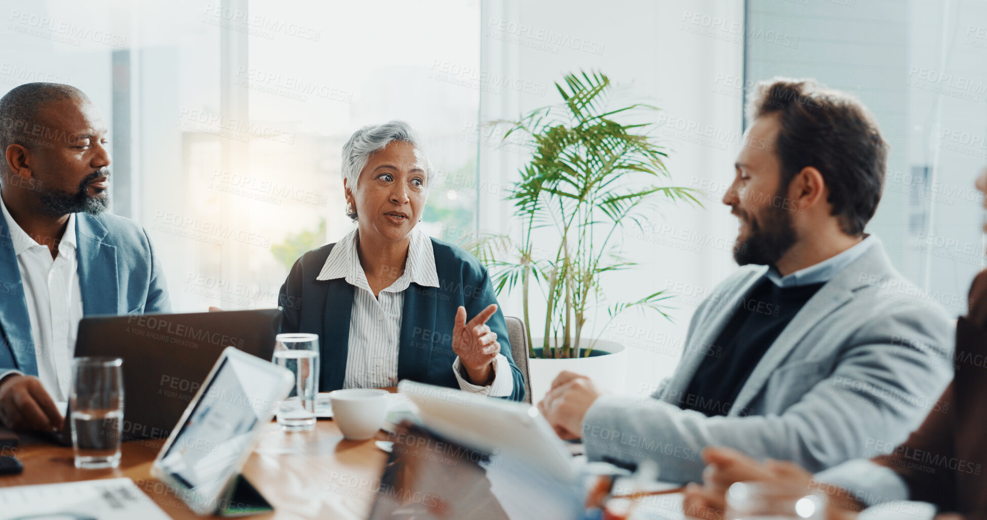 Buy stock photo Teamwork, meeting and speaker with business people in office for budget report, stakeholder update and research. Ceo review, market analyst and partnership with employees in agency for discussion