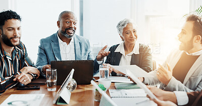 Buy stock photo Teamwork, meeting and planning with business people in office for budget report, stakeholder update and research. Ceo review, market analyst and partnership with employees in agency for discussion