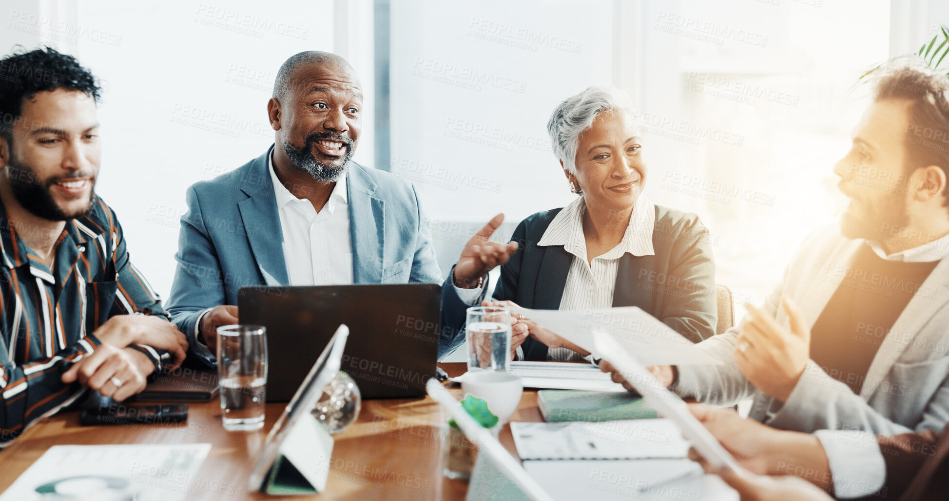 Buy stock photo Teamwork, meeting and planning with business people in office for budget report, stakeholder update and research. Ceo review, market analyst and partnership with employees in agency for discussion