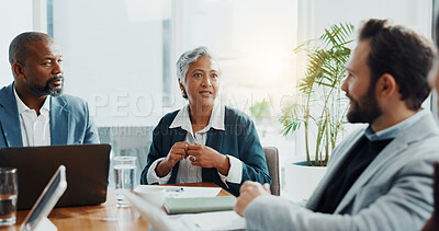 Buy stock photo Boss, meeting and speaker with business people in office for budget report, stakeholder update and research. Ceo review, market analyst and partnership with employees in agency for discussion