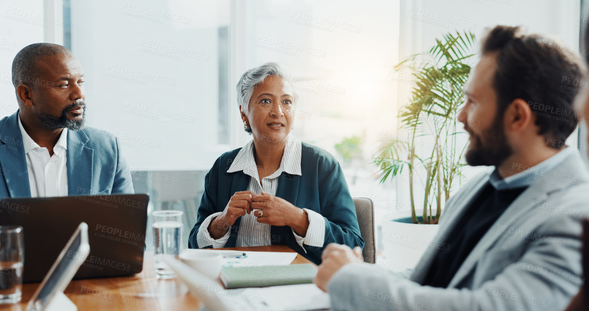 Buy stock photo Boss, meeting and speaker with business people in office for budget report, stakeholder update and research. Ceo review, market analyst and partnership with employees in agency for discussion