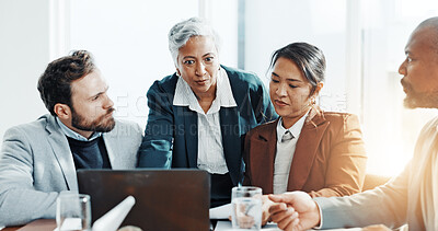 Buy stock photo Financial discussion, laptop or business people in meeting for budget growth, funding plan or feedback. Team, research or analyst talking to investor for finance review or online report in office