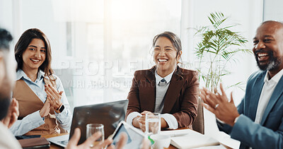 Buy stock photo Applause, meeting and business people in office for teamwork, achievement or goal in collaboration. Happy, clapping hands and group of financial advisors with celebration for investment target.