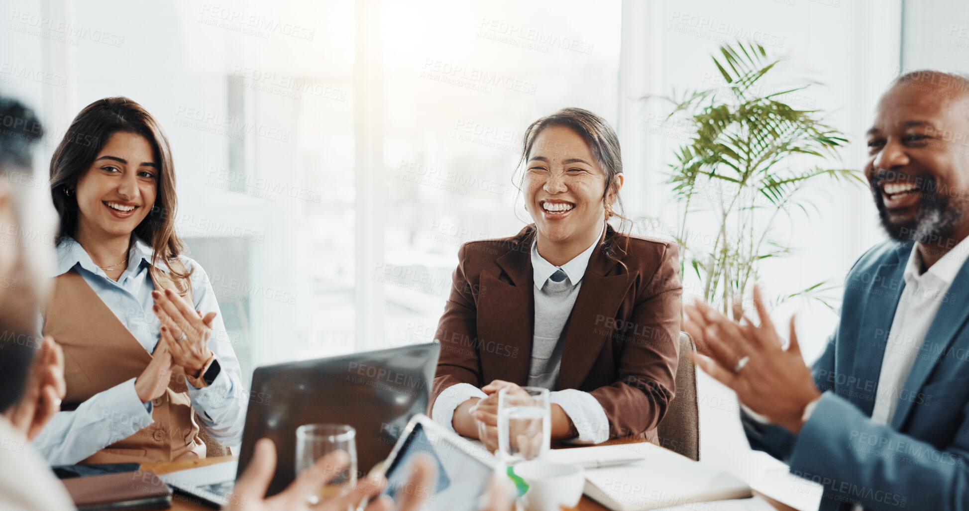 Buy stock photo Applause, meeting and business people in office for teamwork, achievement or goal in collaboration. Happy, clapping hands and group of financial advisors with celebration for investment target.