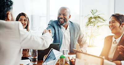 Buy stock photo Mature businessman, handshake and happy at meeting with deal, success and congratulations at office. People, smile and shaking hands with b2b collaboration, achievement and goals at finance agency