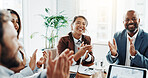 Applause, collaboration and business people in office for good news, achievement or goal in meeting. Happy, clapping hands and group of financial advisors with celebration for investment target.