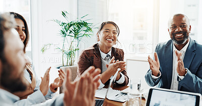 Buy stock photo Applause, collaboration and business people in office for good news, achievement or goal in meeting. Happy, clapping hands and group of financial advisors with celebration for investment target.
