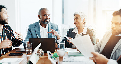 Buy stock photo Boss, meeting and planning with business people in office for budget report, stakeholder update and research. Ceo review, market analyst and partnership with employees in agency for discussion