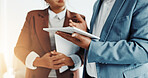 Tablet, teamwork and hands of business people in office for trading, broker advice and research. Stock market report, investment solution and partnership with employees in agency for economy analyst