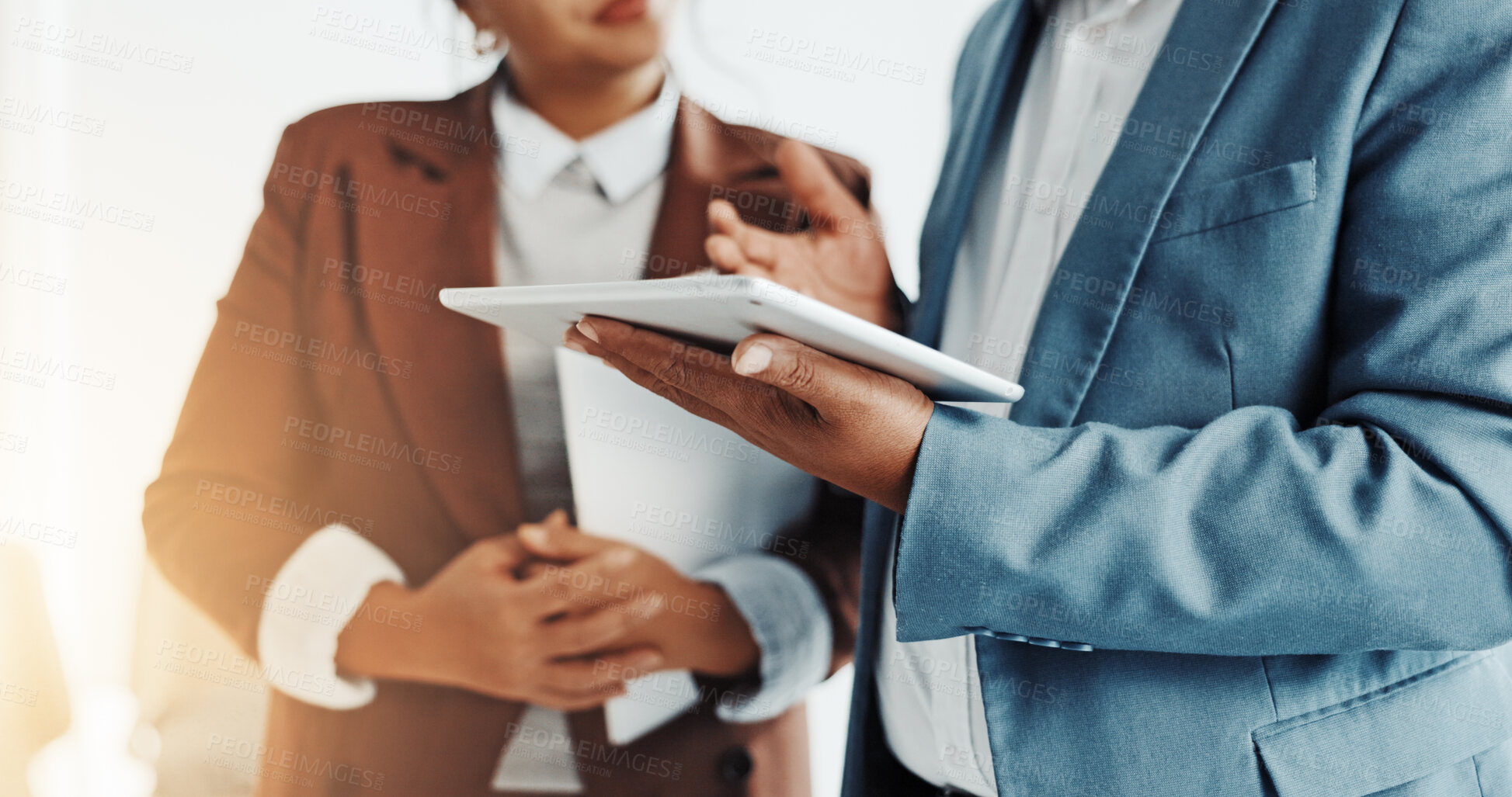 Buy stock photo Tablet, teamwork and hands of business people in office for trading, broker advice and research. Stock market report, investment solution and partnership with employees in agency for economy analyst