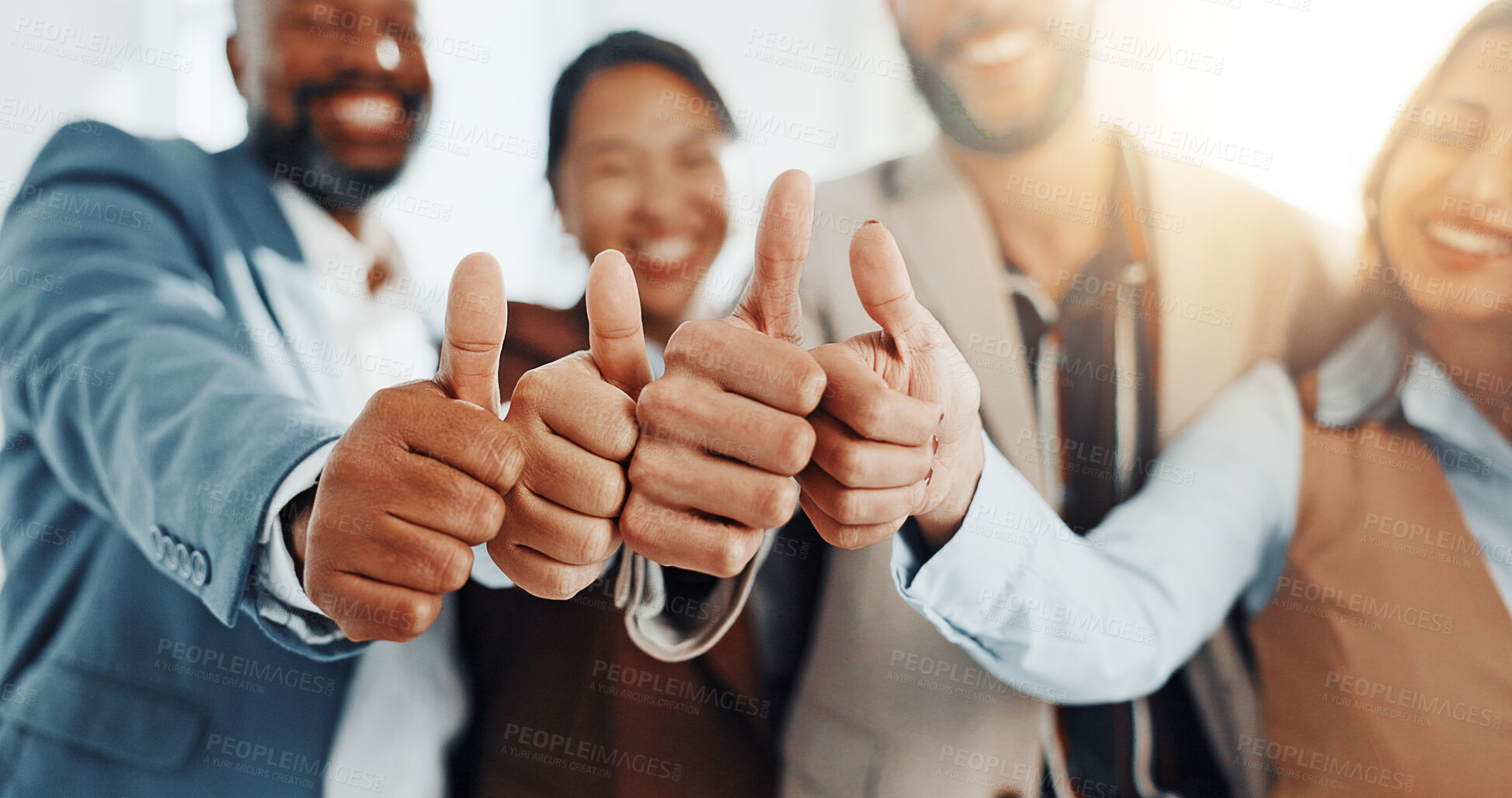 Buy stock photo Hands, office or business people with thumbs up in closeup for good job, goal or well done. Group, staff or employees in meeting with team, positive support or yes sign for skills review or success