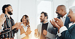 Applause, teamwork and business people in office for good news, achievement or goal in collaboration. Happy, clapping hands and group of financial advisors with celebration for investment target.