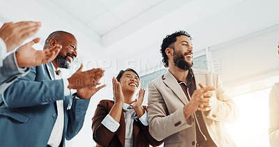 Buy stock photo Clapping, success or excited business people in office for congratulations, seminar or celebration. Low angle, winner or applause of audience for goal, motivation and awards for target achievement 