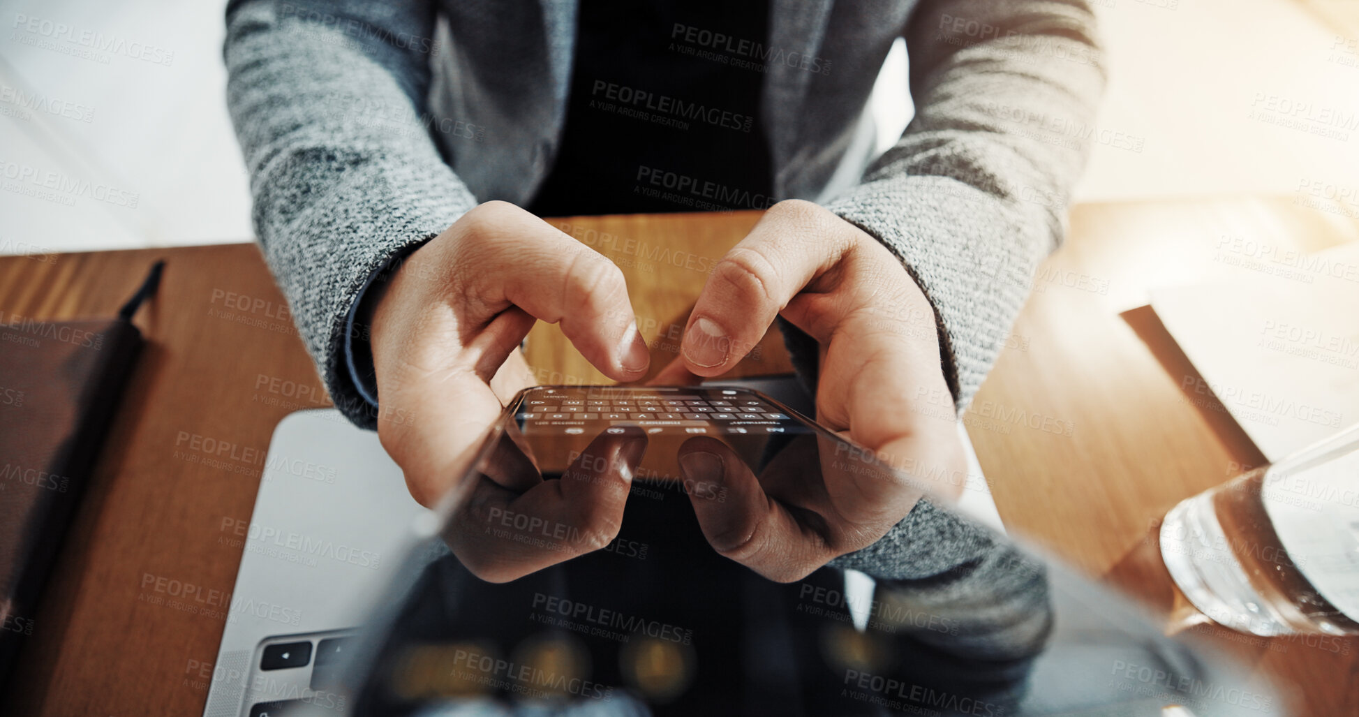 Buy stock photo Above, business and person typing with phone for communication, email and client feedback. Hands, employee and screen of mobile for texting, online search and contact chat for corporate networking