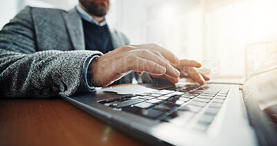 Buy stock photo Typing, hands and business man on laptop for finance report, online proposal and research. Professional, corporate and person on computer for planning, website and budget review for financial career 