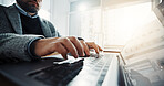 Typing, office and business man on laptop for finance report, online proposal and research. Professional, corporate and person on computer for planning, website or budget review for financial career 