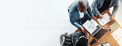 Buy stock photo Business, finance or people with paperwork in meeting for auditing, budget planning or growth stats. Above, banner and employees with graphs for sales performance, financial analysis and mockup space
