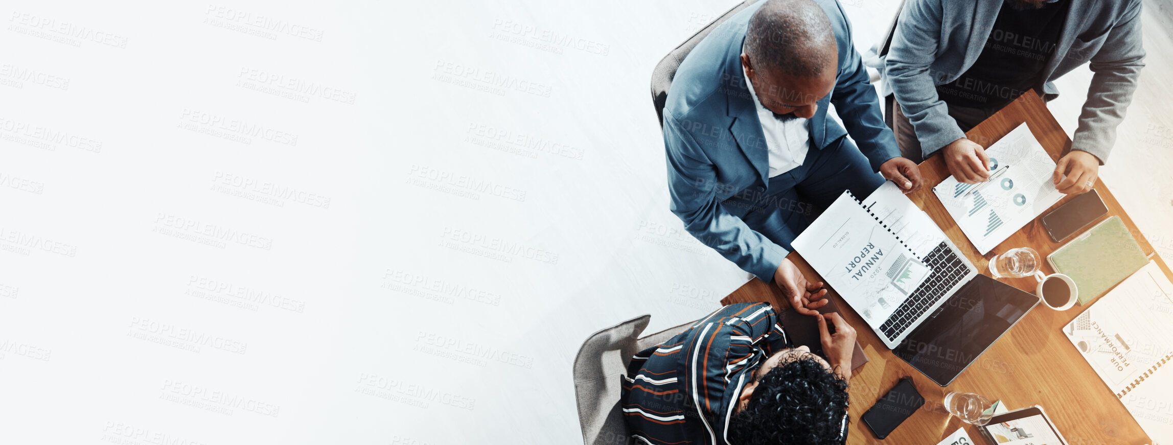 Buy stock photo Business, finance or people with paperwork in meeting for auditing, budget planning or growth stats. Above, banner and employees with graphs for sales performance, financial analysis and mockup space