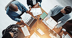 Documents, meeting and business people in office in collaboration for finance proposal from above. Paperwork, discussion and team of financial advisors with investment statistics for forecasting.