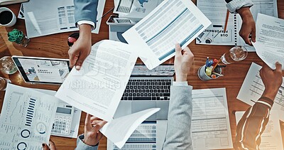 Buy stock photo Documents, meeting and planning with hands of business people for expenditure report, budget and research. Teamwork, project capital and revenue paperwork with above of employees for audit invoice