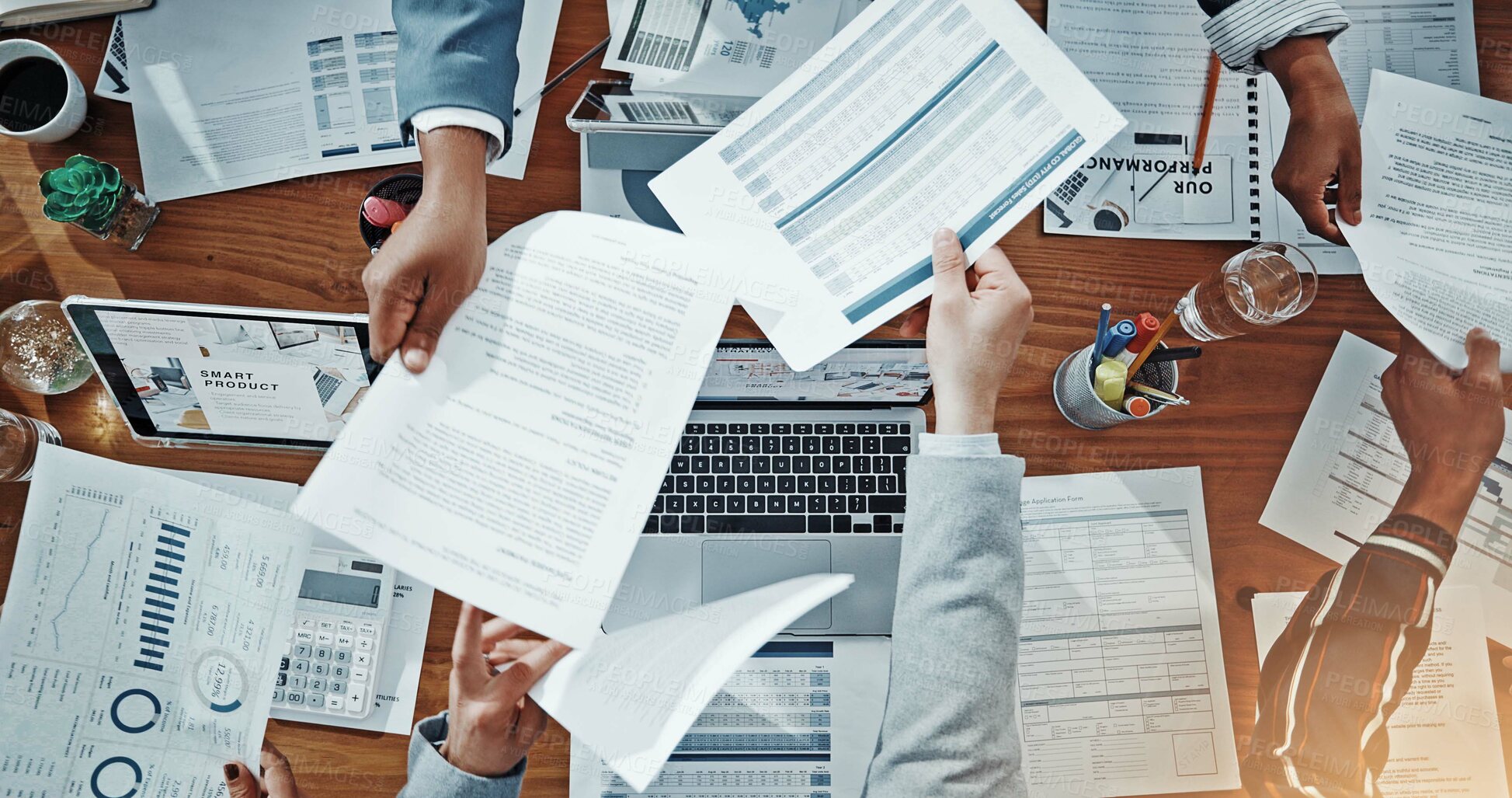 Buy stock photo Documents, meeting and planning with hands of business people for expenditure report, budget and research. Teamwork, project capital and revenue paperwork with above of employees for audit invoice