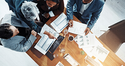 Buy stock photo Documents, laptop and planning with business people in meeting for expenditure report, budget and review. Teamwork, project capital and revenue paperwork with above of employees for digital invoice