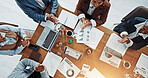 Documents, research and meeting with hands of business people for expenditure report, budget and planning. Teamwork, project capital and revenue paperwork with above of employees for audit invoice