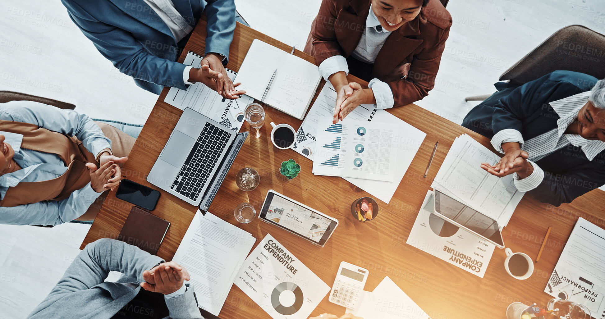 Buy stock photo Documents, research and meeting with hands of business people for expenditure report, budget and planning. Teamwork, project capital and revenue paperwork with above of employees for audit invoice