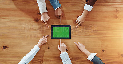 Buy stock photo Green screen, tablet and teamwork with hands of business people for advertising, pointing and support, Mockup space, collaboration and synergy with above of employees in office for announcement