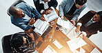 Documents, conversation and business people in office in collaboration for finance proposal from above. Paperwork, discussion and team of financial advisors with investment statistics for forecasting