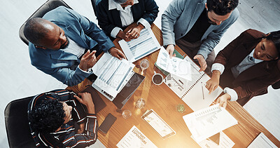 Buy stock photo Documents, conversation and business people in office in collaboration for finance proposal from above. Paperwork, discussion and team of financial advisors with investment statistics for forecasting