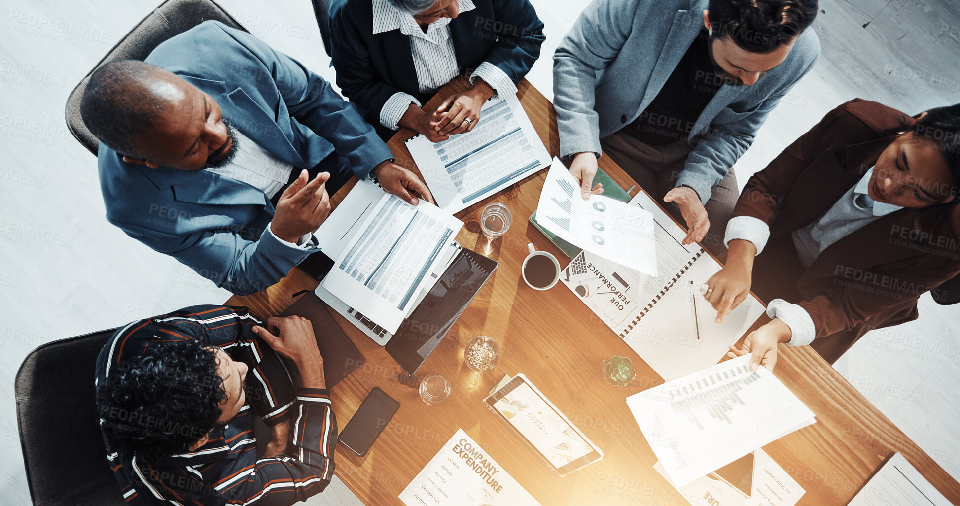 Buy stock photo Documents, conversation and business people in office in collaboration for finance proposal from above. Paperwork, discussion and team of financial advisors with investment statistics for forecasting