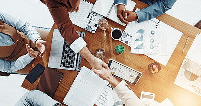 Buy stock photo Applause, people and handshake with client, paperwork or gesture for agreement in boardroom or deal. Colleagues, collaboration or shaking hands for opportunity in office, above and success of merger