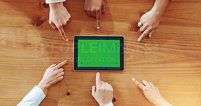 Buy stock photo Green screen, tablet and pointing with hands of business people for advertising, teamwork and support, Mockup space, collaboration and synergy with above of employees in office for announcement
