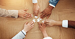 Hands, above and puzzle for team at office with solution, synergy and strategy for game at company. Group, jigsaw and problem solving with integration, challenge and collaboration at insurance agency