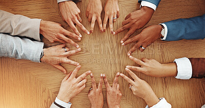 Buy stock photo `Peace sign, hands and business people in office for teamwork, agreement and partnership. Professional, corporate and above of workers for collaboration, support and coworking synergy on desk