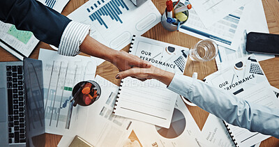 Buy stock photo Agreement, people and handshake with client, paperwork and gesture for deal in boardroom or meeting. Colleagues, collaboration or shaking hands for opportunity in office, above and success of merger