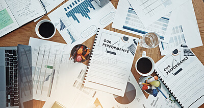 Buy stock photo Documents, research and planning with desk in office for expenditure report, budget and chart. Performance, project capital and revenue paperwork with above of folder for audit invoice and funding