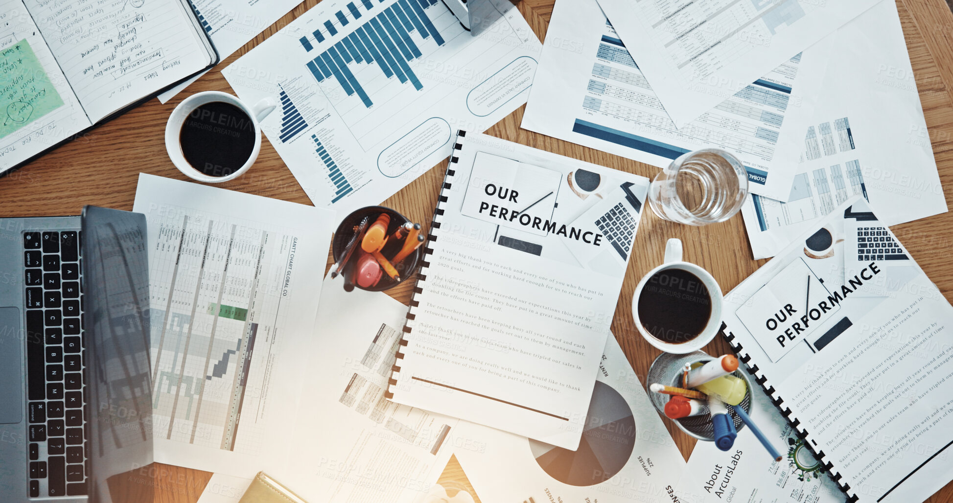 Buy stock photo Documents, research and planning with desk in office for expenditure report, budget and chart. Performance, project capital and revenue paperwork with above of folder for audit invoice and funding