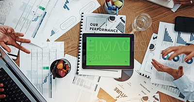 Buy stock photo Hands, tablet and green screen at meeting with finance, app and above with graphs at office. Men, women and paperwork with space, charts and feedback for performance, revenue or chromakey at company