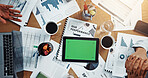 Tablet, green screen and above business people in office for research, finance report and performance. Mockup space, hands and laptop for paperwork, tax information and investment proposal graphs